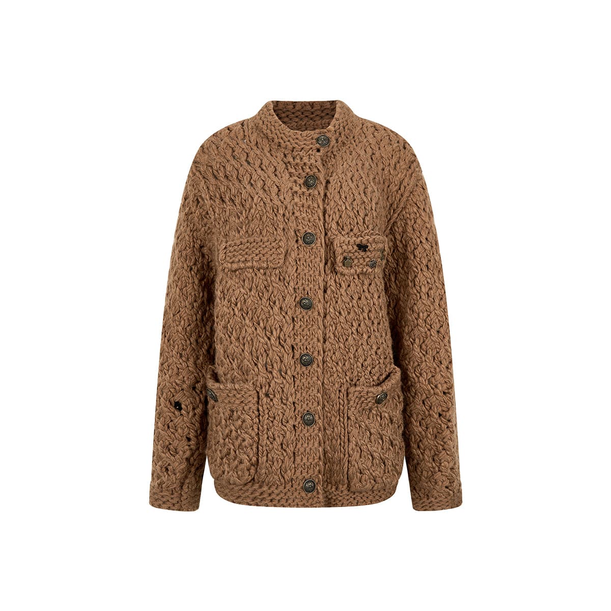 Brown Metal Knit Cardigan With Decorative Details - chiclara