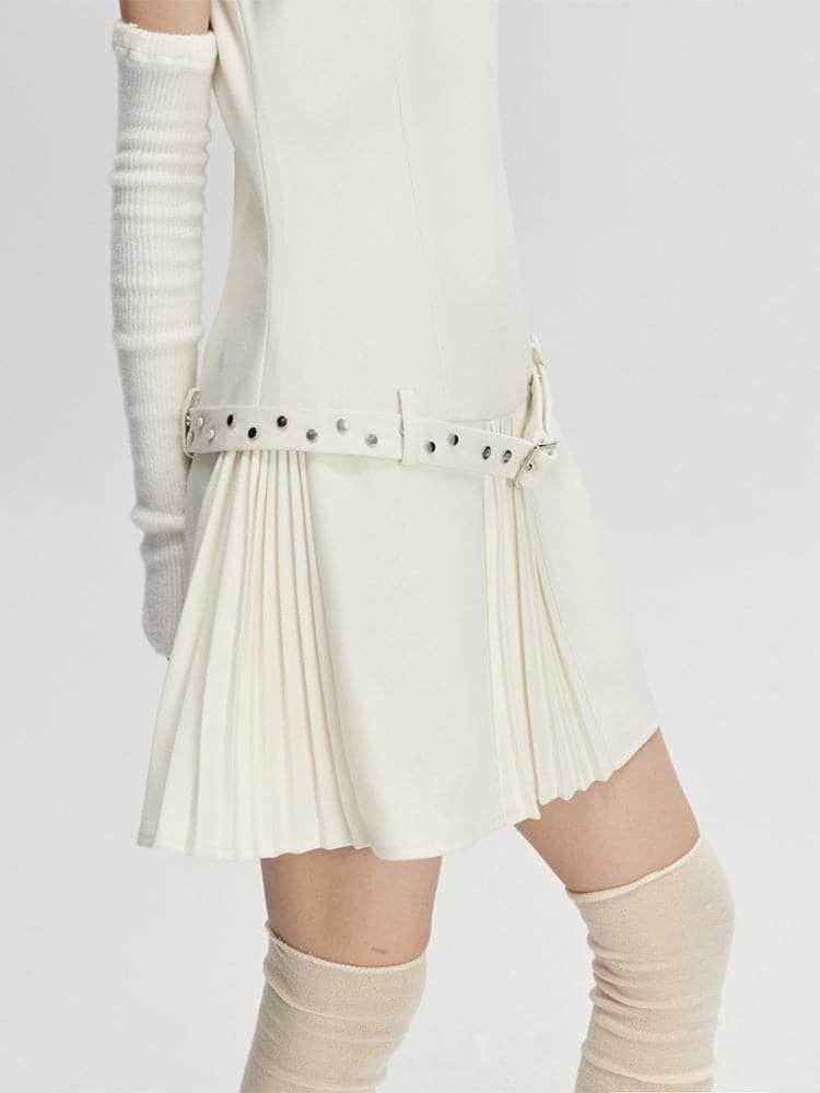 College-Style Pleated Belt Dress - chiclara