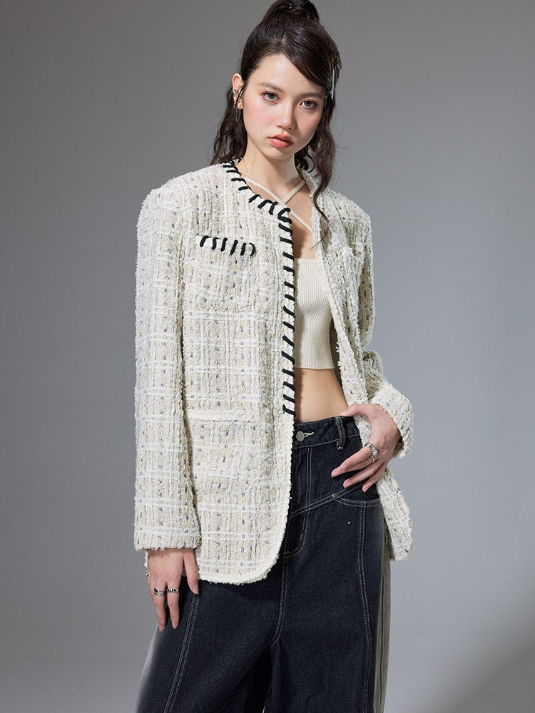 No-Collar Tweed Jacket - chiclara