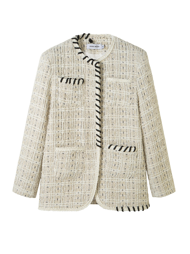 No-Collar Tweed Jacket - chiclara