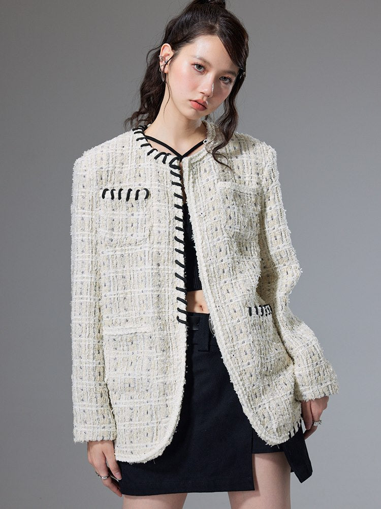 No-Collar Tweed Jacket - chiclara