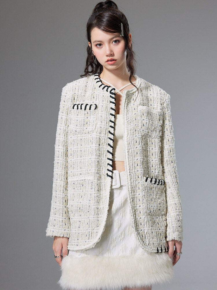 No-Collar Tweed Jacket - chiclara