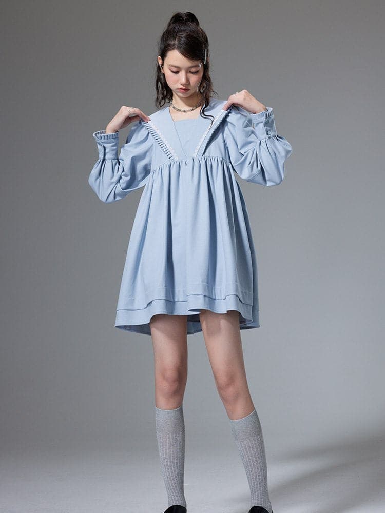Fluffy Sailor-Collar Short One-Piece Dress - chiclara