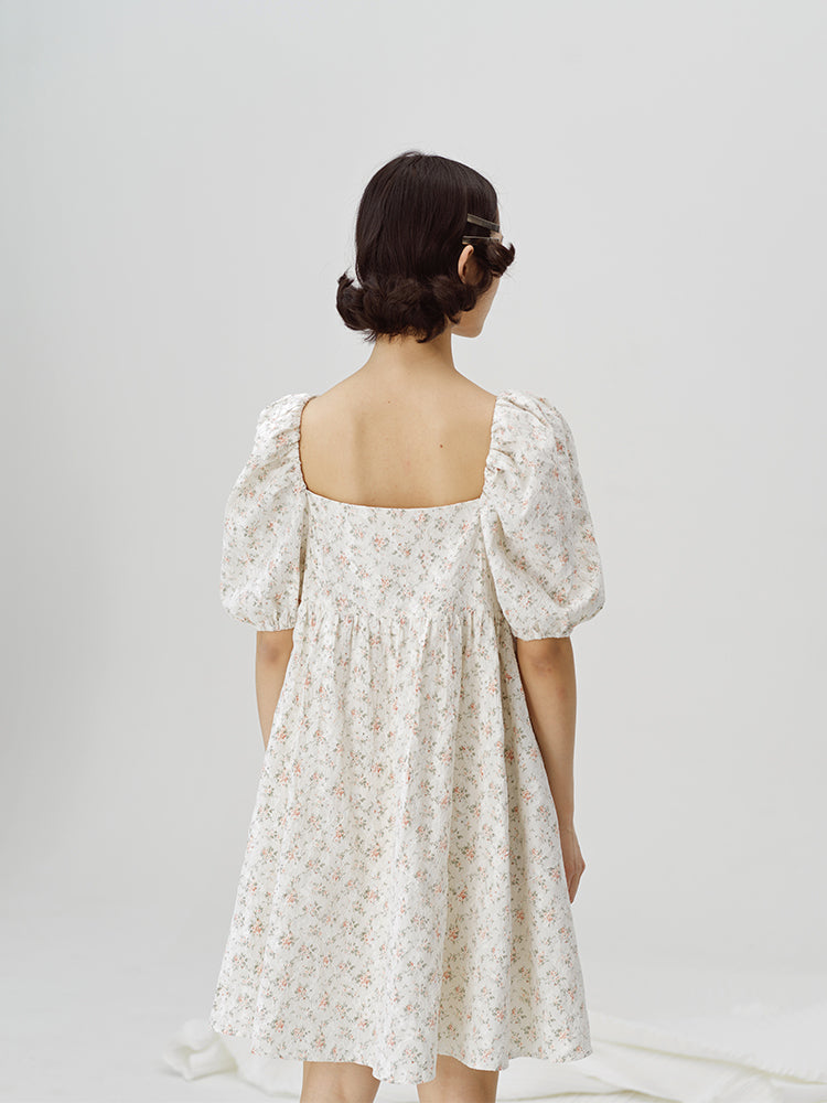 Floral Puff Sleeve Square Neck Dress - chiclara