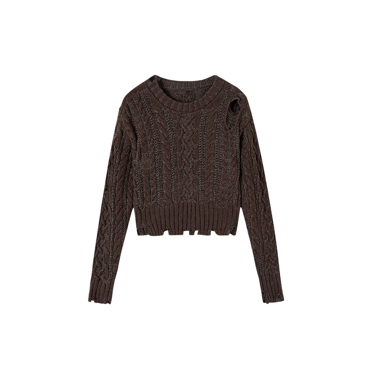 Brown Ripped Twist Knit Sweater - chiclara