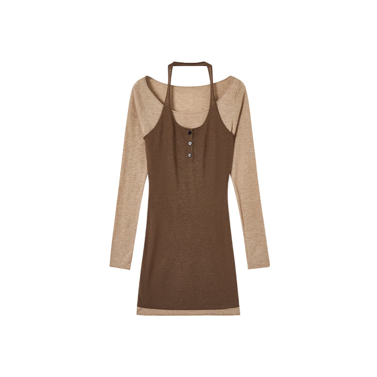 Brown Color Blocked Halterneck Knit Dress - chiclara