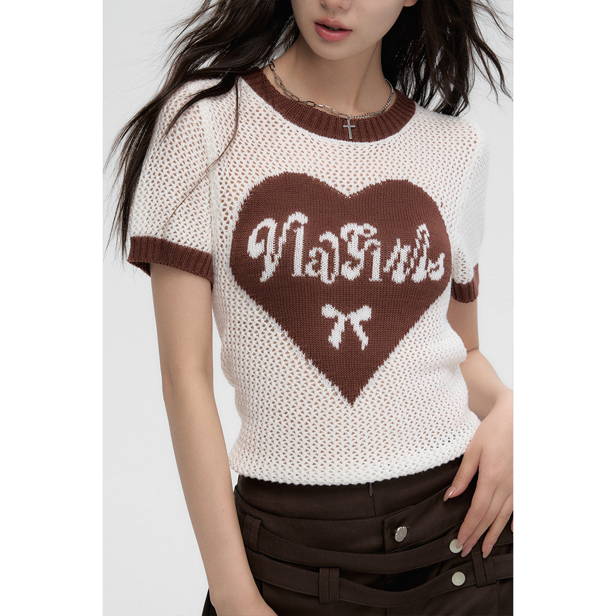 Heart Contrast Knit Tee - White - chiclara