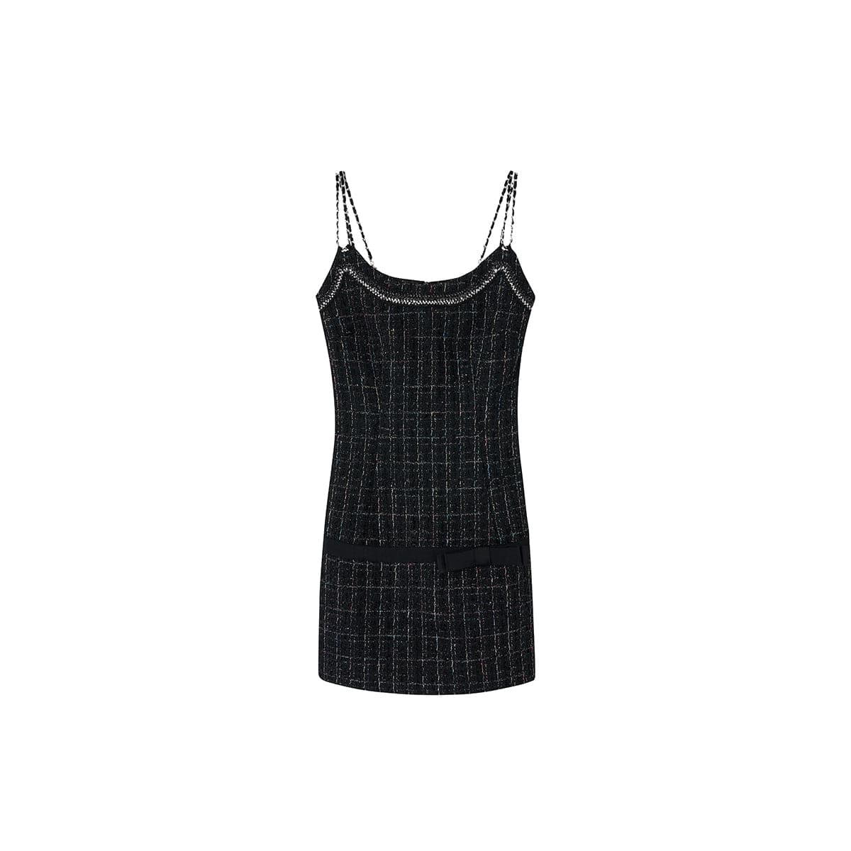 Black Tweed Sling Dress With Bow Chain Splice - chiclara