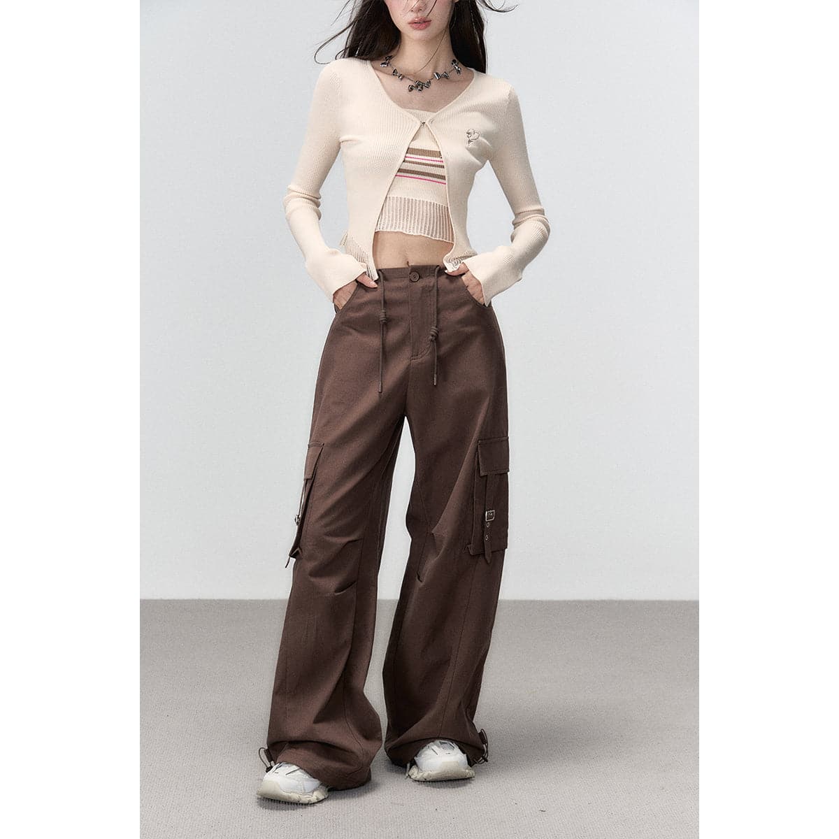 Brown 3D Wide-Leg Cargo Pants With Pocket - chiclara