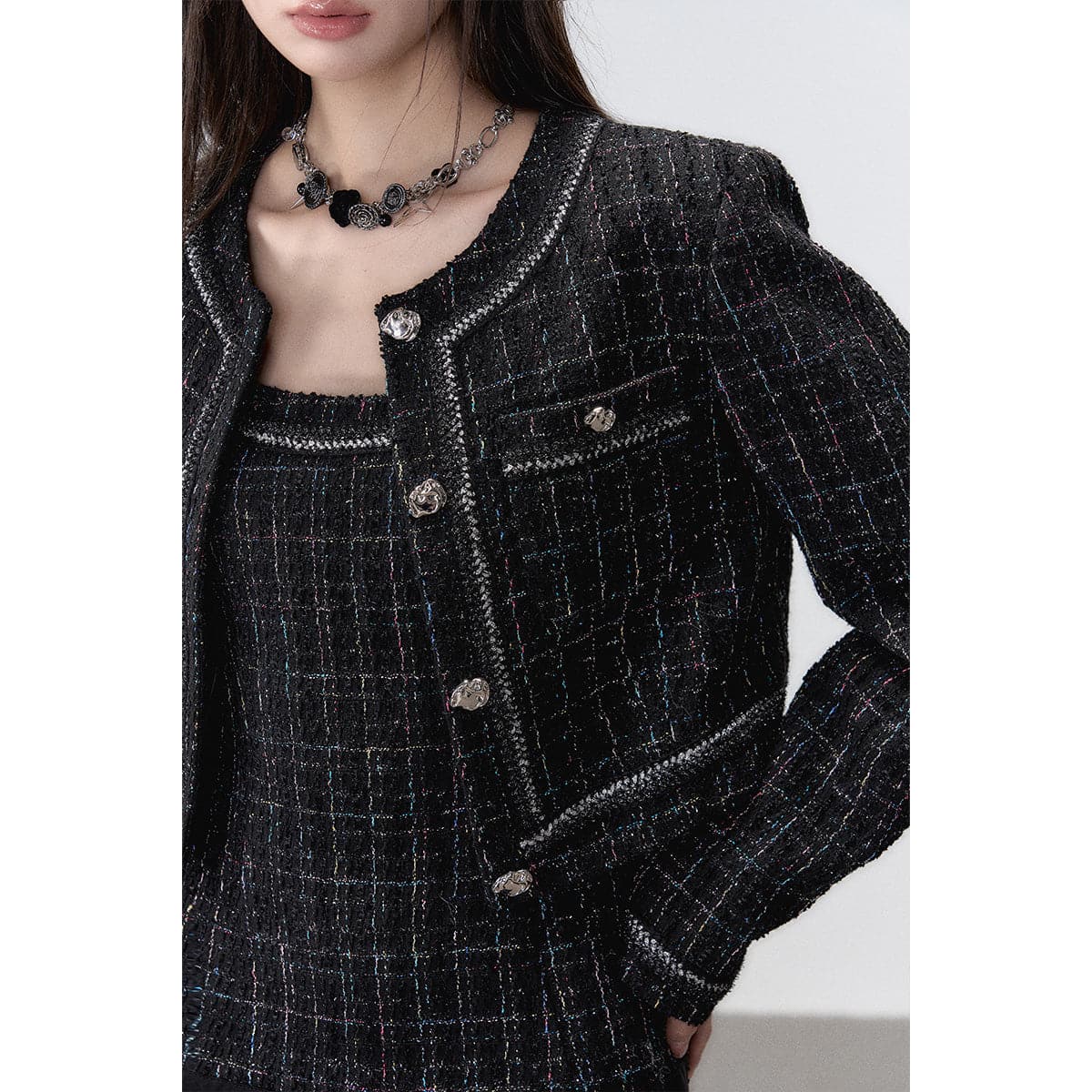 Black Jacquard Metal Button Tweed Jacket - chiclara