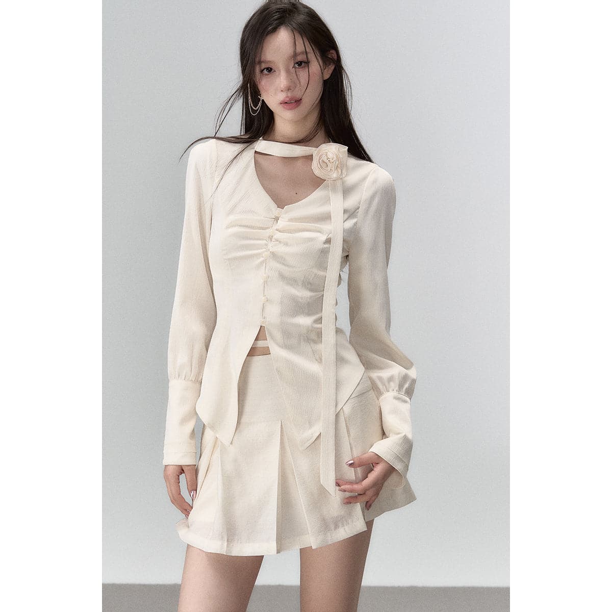 Beige Detachable Rose Decor Shirt - chiclara