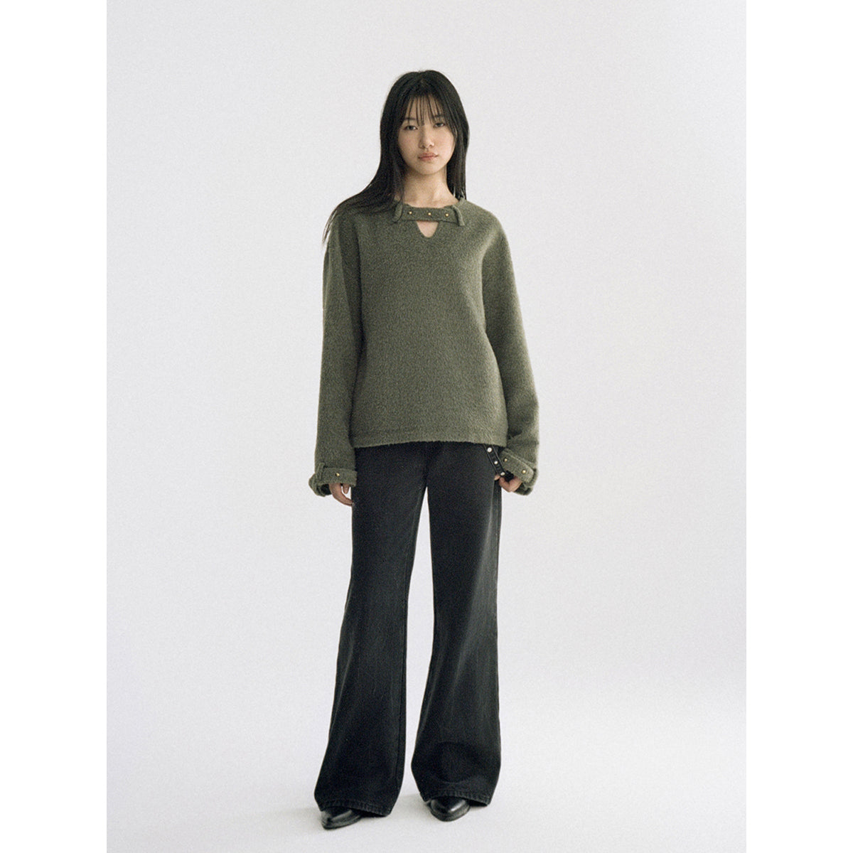 Olive Green Hollow Stud Sweater - chiclara