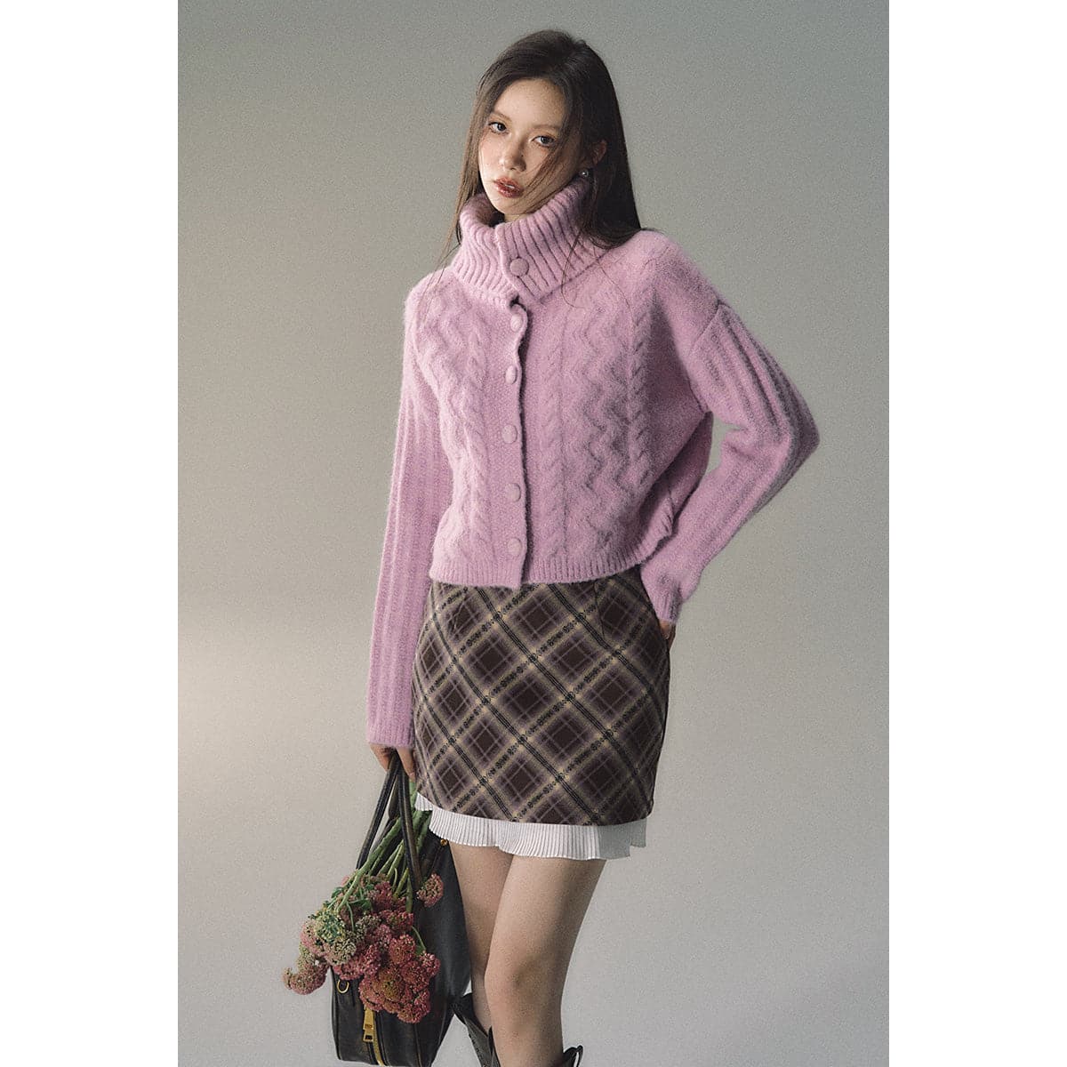 Checkered Mini Skirt - Brown Color Blocking - chiclara