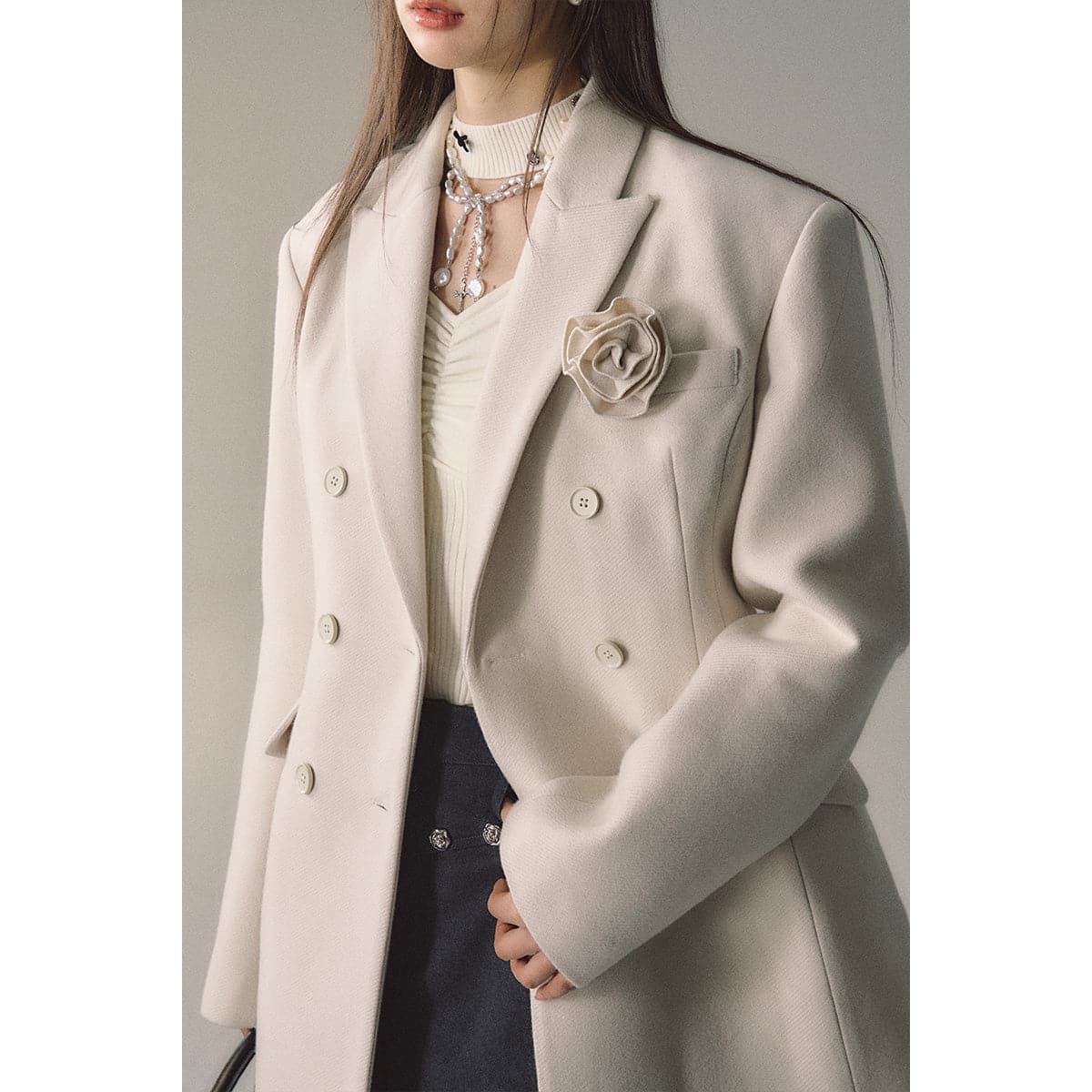 Cream Woolen Double-Breasted Coat - chiclara