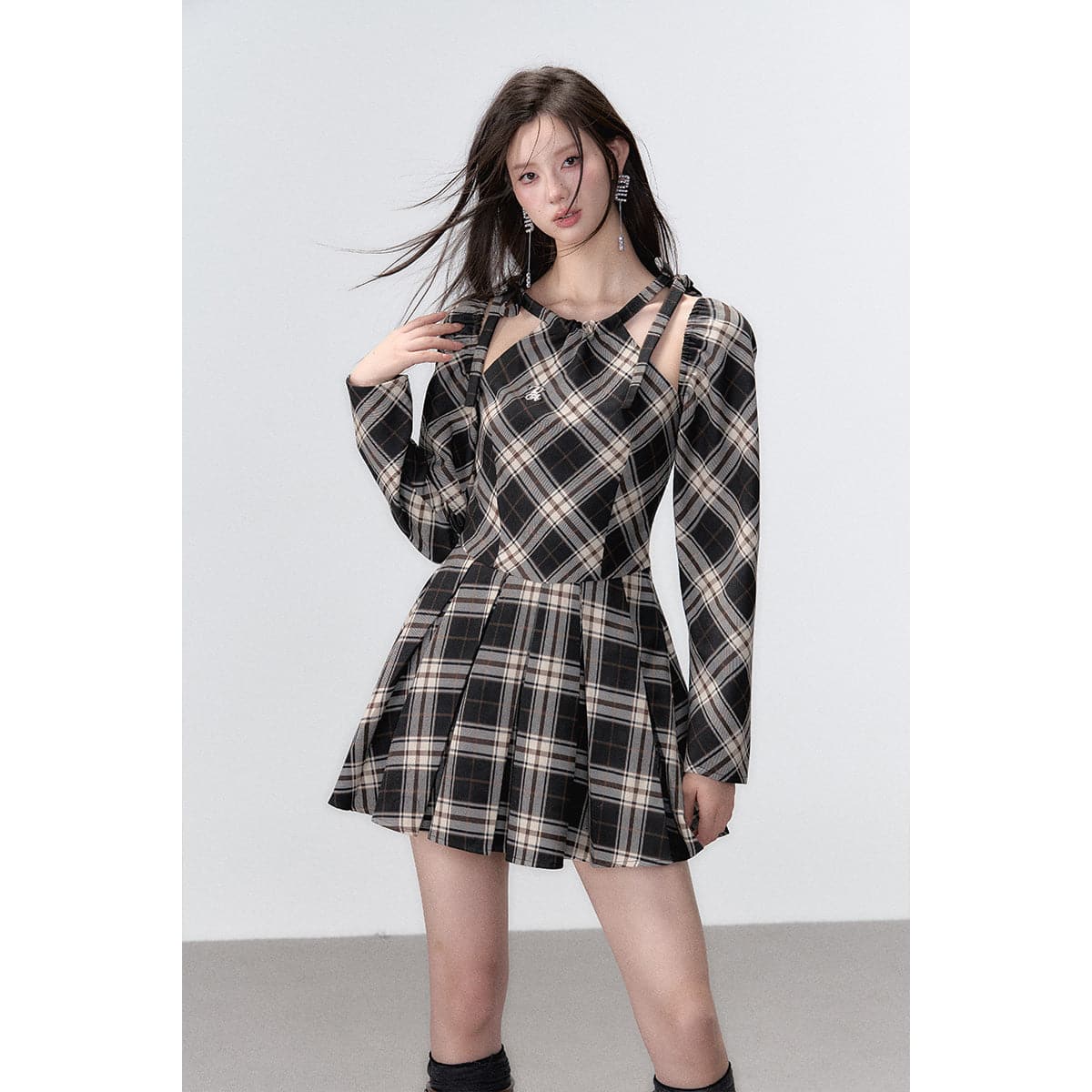 Plaid Off-Shoulder Bowtie Dress - chiclara