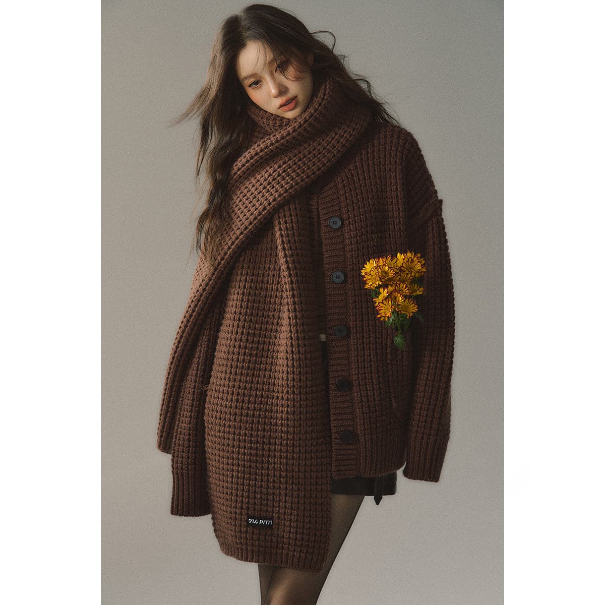 Brown Waffle-Knit Scarf - chiclara