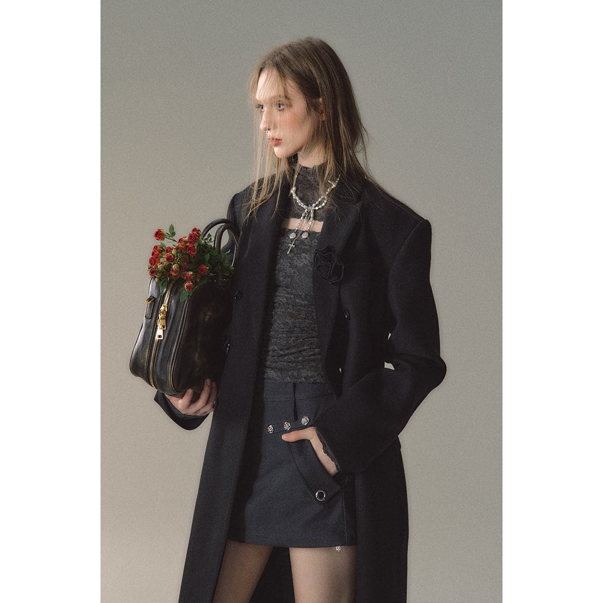 Black Double-Breasted Coat With 3D Rose Brooch - chiclara