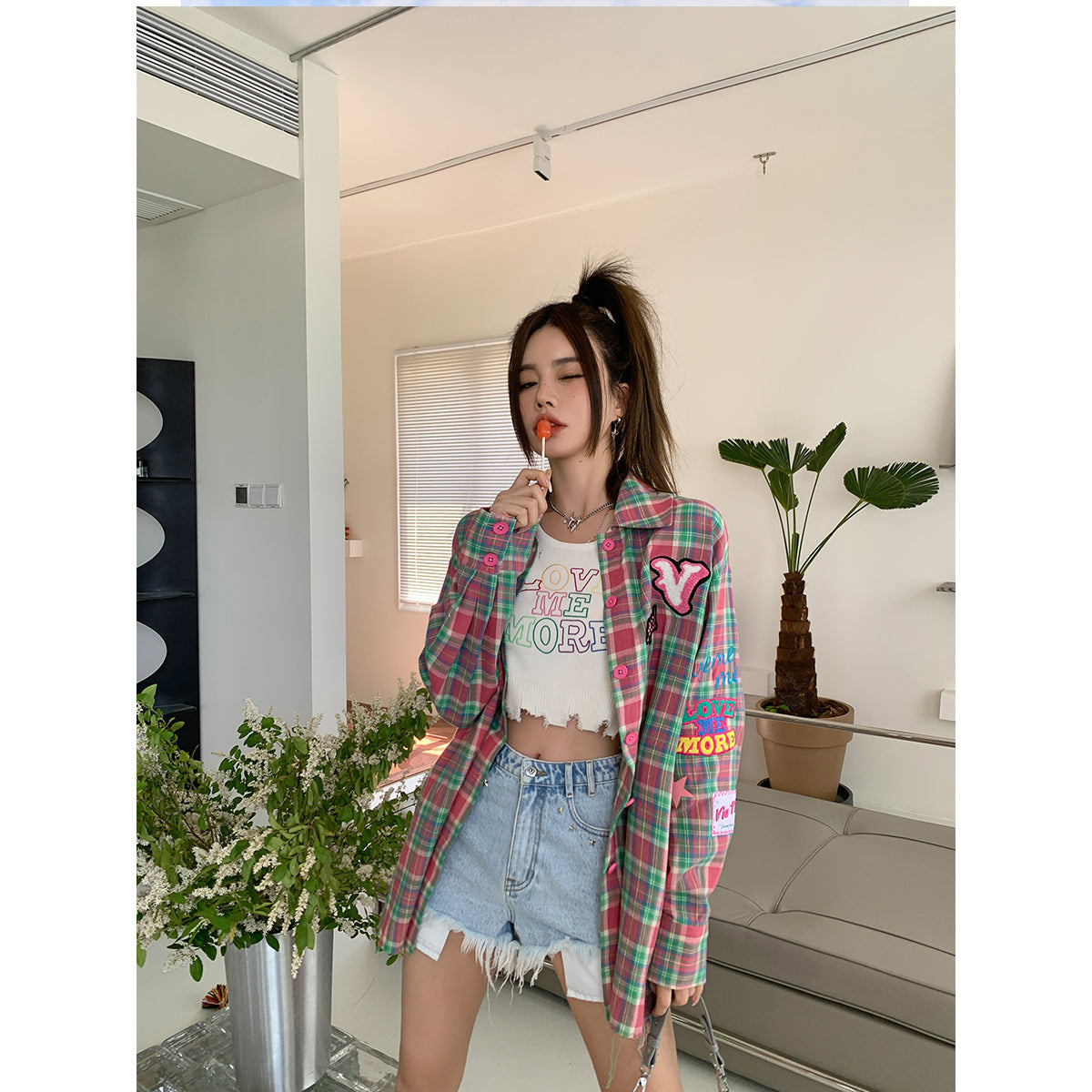 Pink Multi-Color Patch Plaid Shirt - chiclara