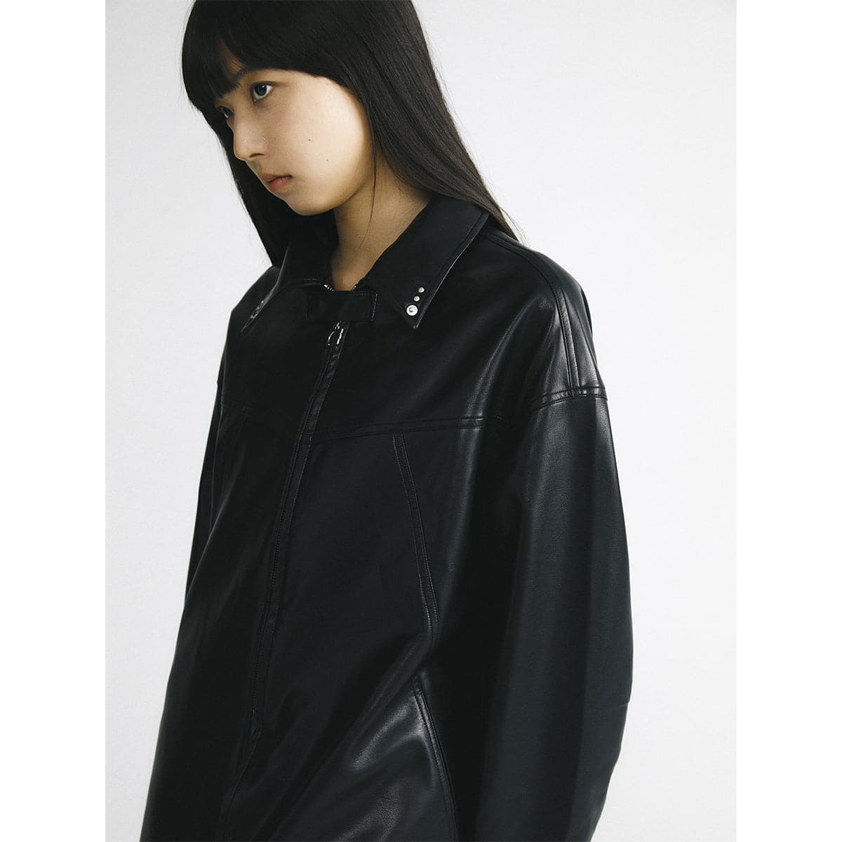 Black Leather Hooded Coat With Oversized Zipper - chiclara