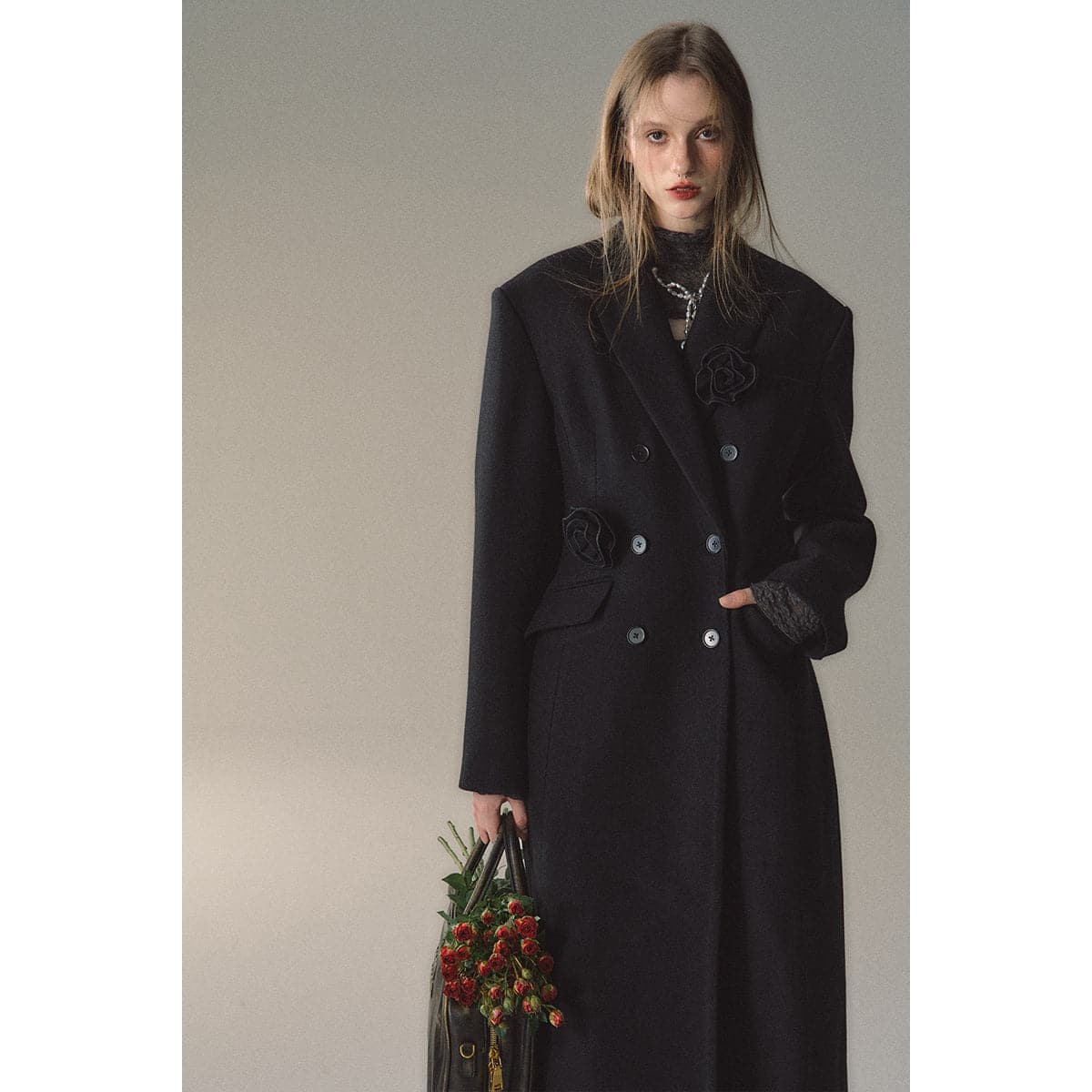 Black Double-Breasted Coat With 3D Rose Brooch - chiclara