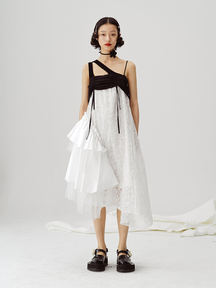 Irregular Suspender Dress In Black And White - chiclara