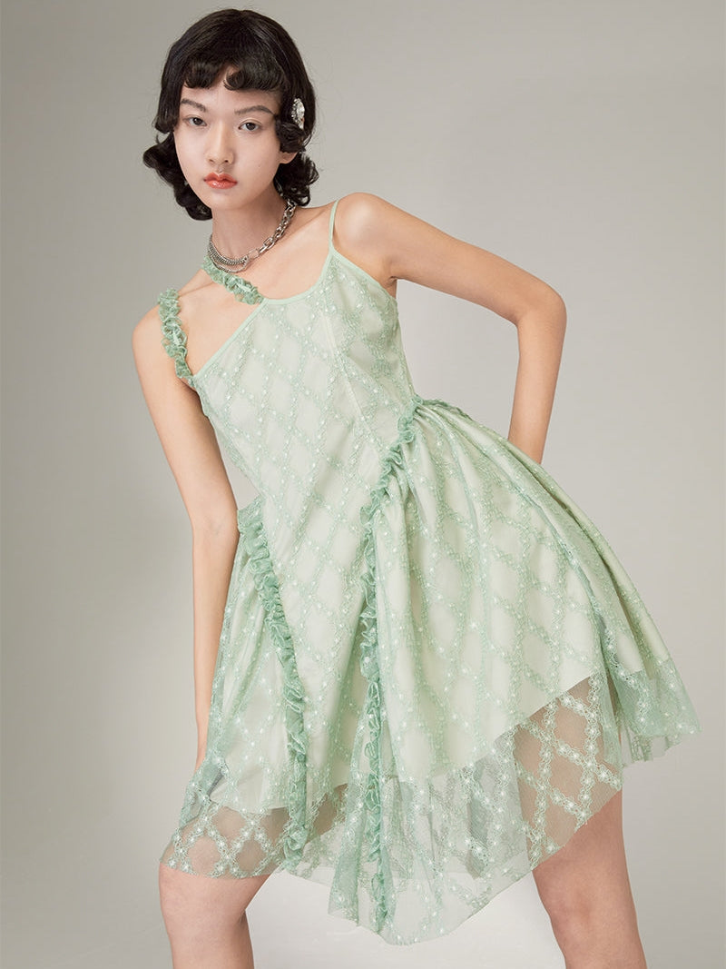 Irregular Hem Split Sling Dress In Green Lace - chiclara