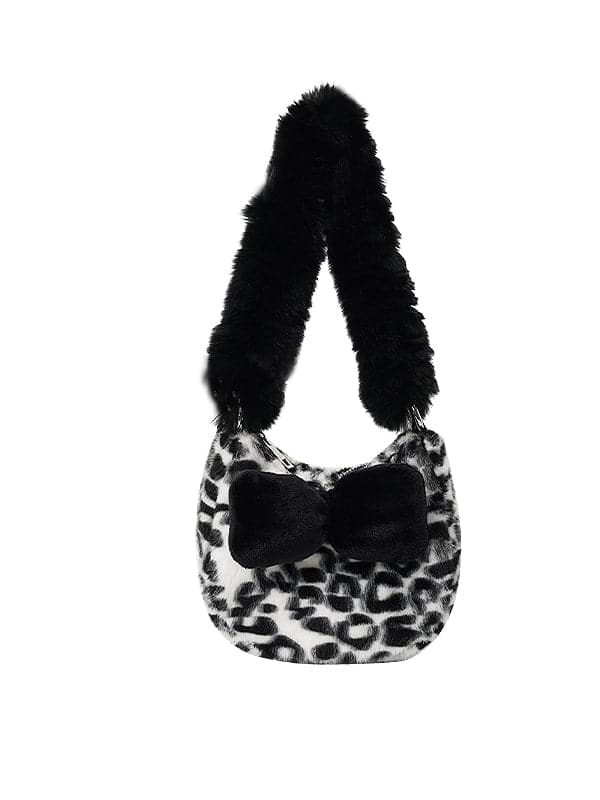 Leopard Plaid Fur Ribbon Handbag - chiclara