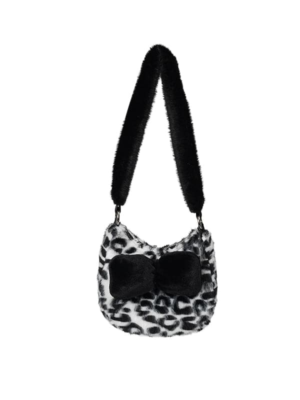 Leopard Plaid Fur Ribbon Handbag - chiclara
