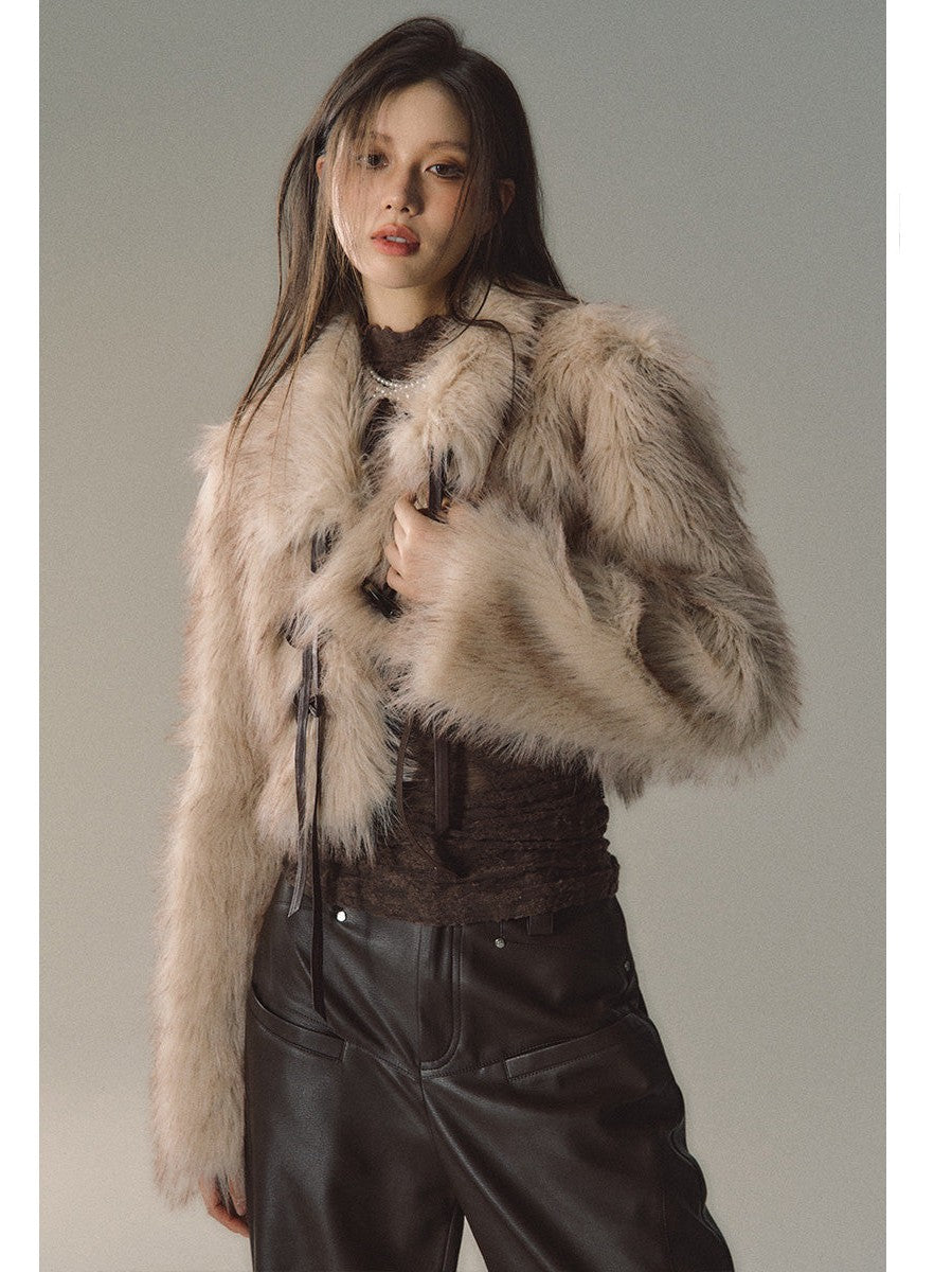 Khaki Fluffy Jacket With Horn Toggle Button - chiclara