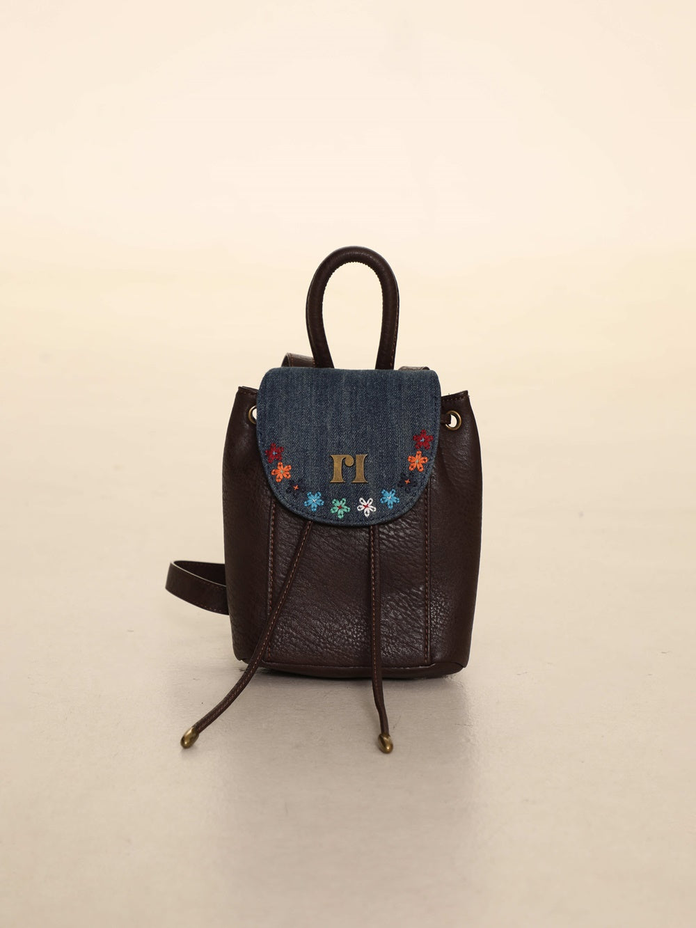 Floral Embroidered Leather Denim Flap Backpack - chiclara