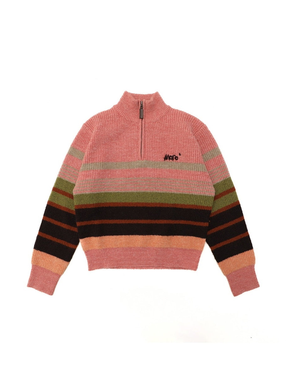 Retro Border Colorful Knit Half-Zip Bottle-Neck Sweater - chiclara