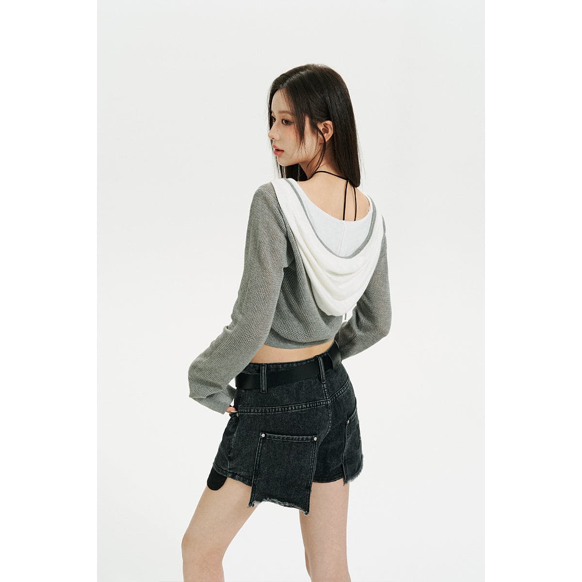 Grey Color Blocked Knit Short Zip Hoodie - chiclara