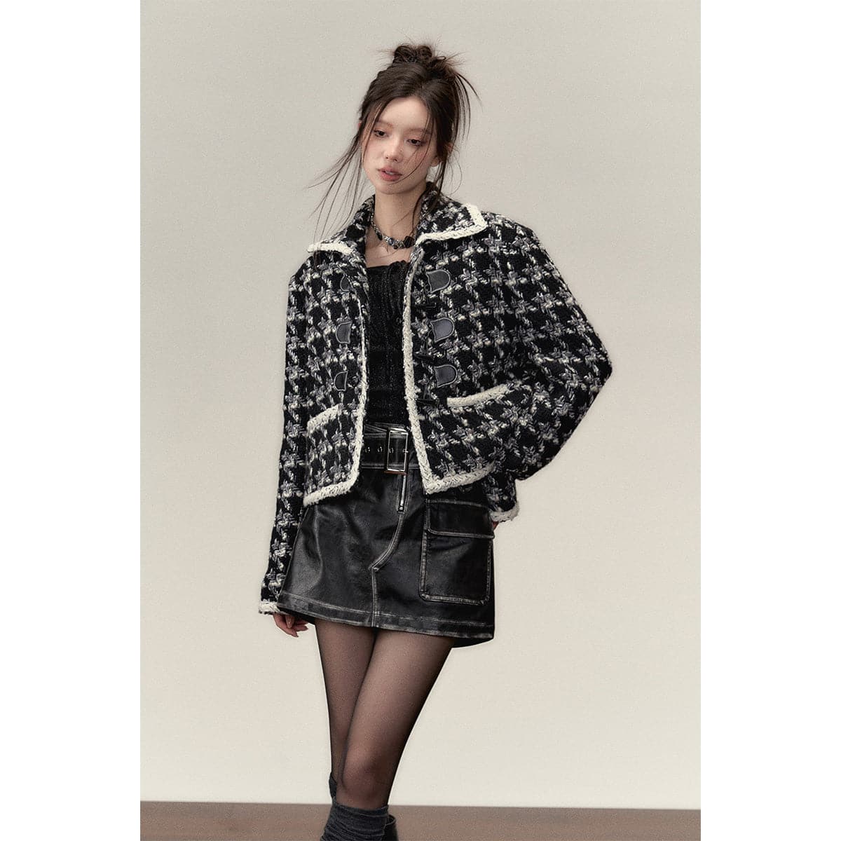 Checked Contrast Toggle Button Tweed Jacket - chiclara