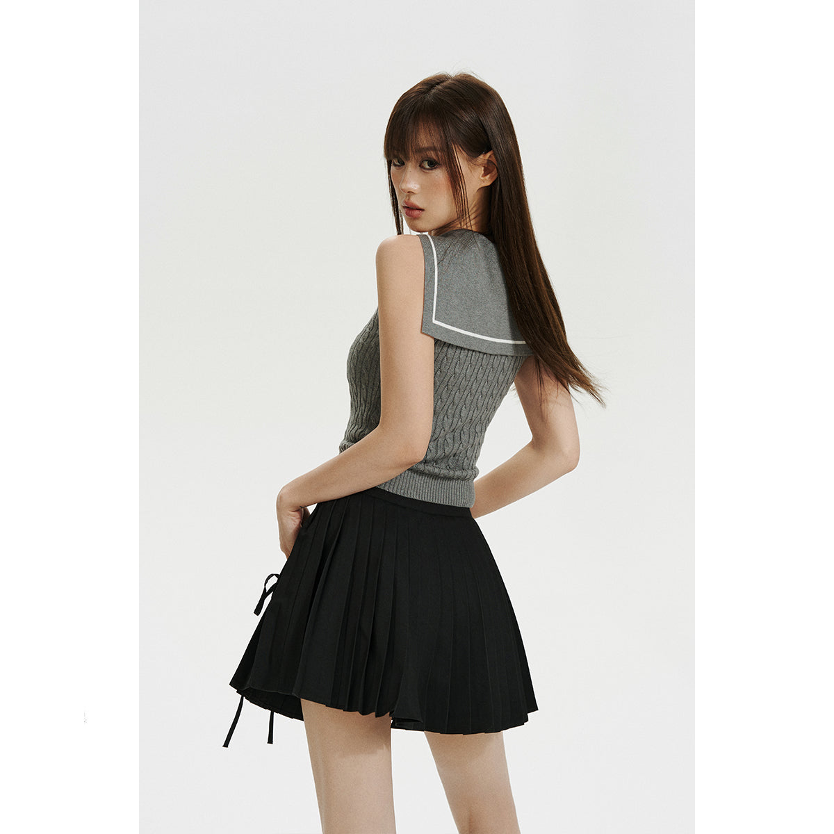 Grey Sailor Collar Vest With Logo Embroidery - chiclara