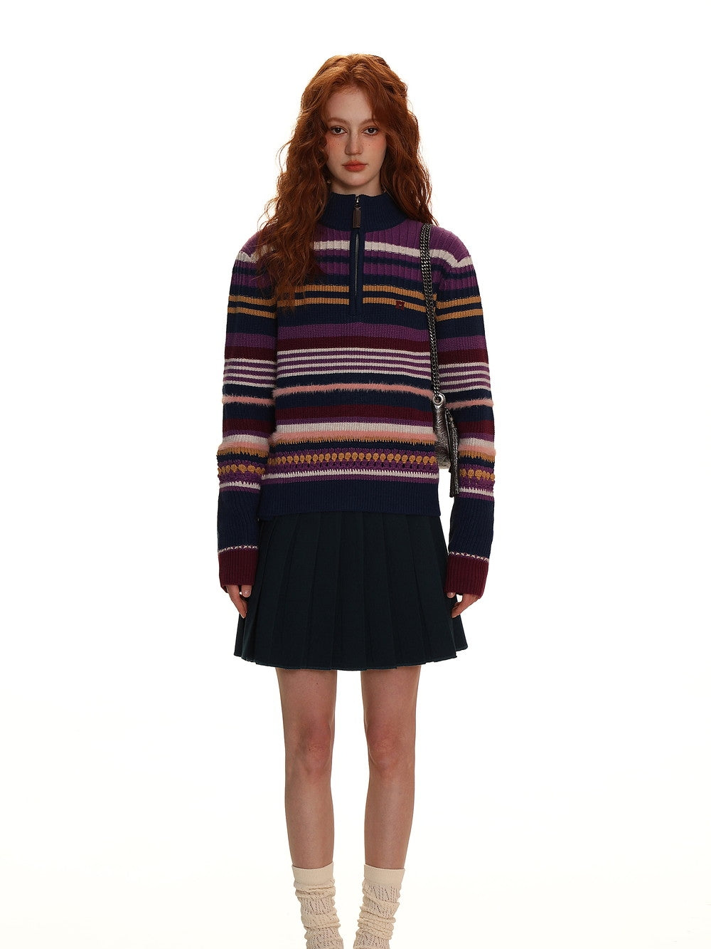 Retro Colorful Knit With High-Neck Border - chiclara