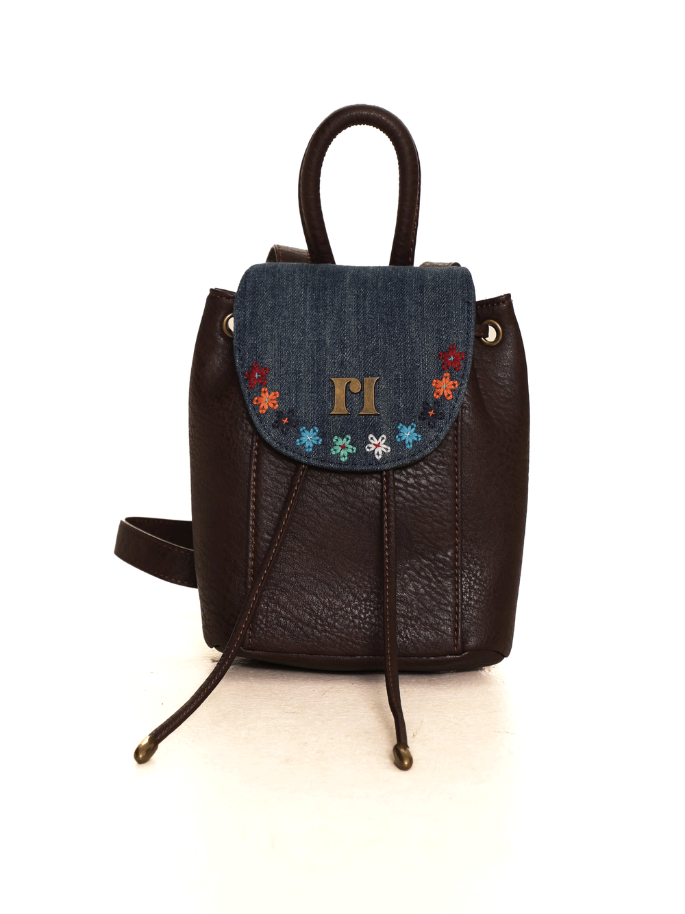 Floral Embroidered Leather Denim Flap Backpack - chiclara