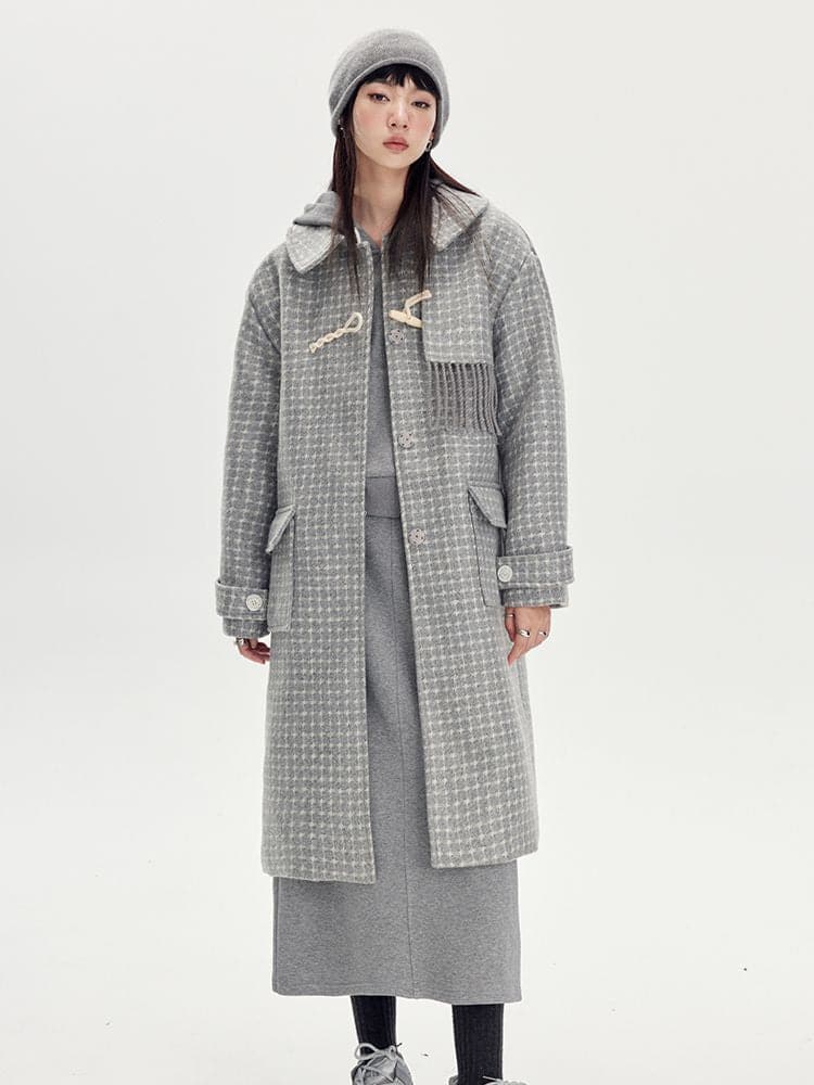 Checked Tassel Long Coat - chiclara