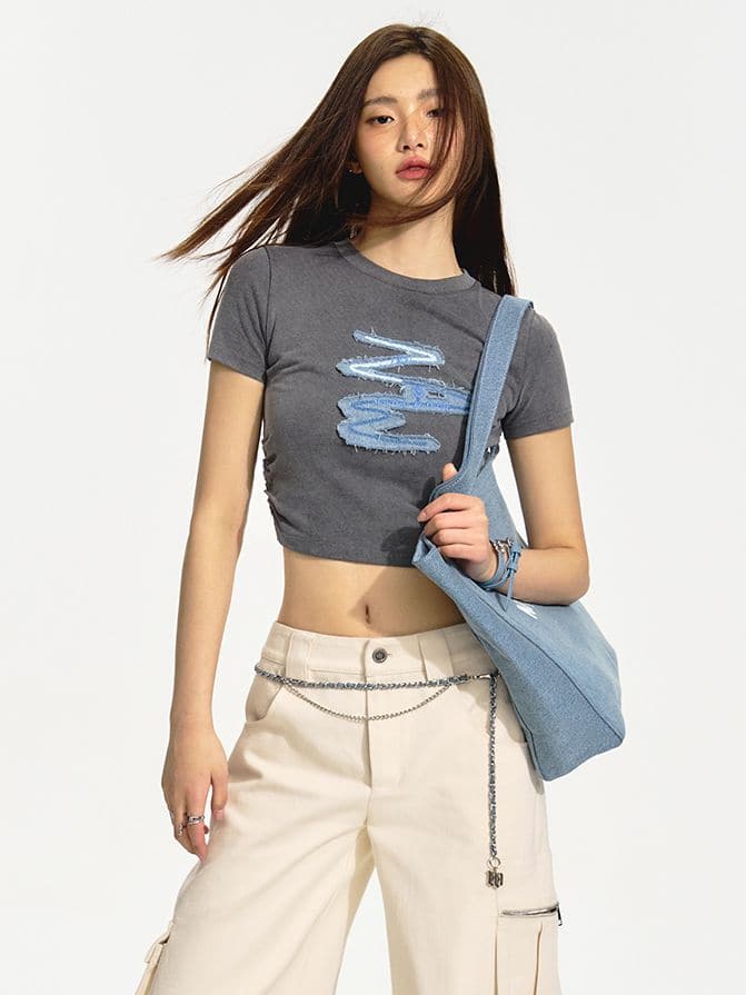 Cropped Casual Crew-Neck Patch Print-T-Shirt - chiclara