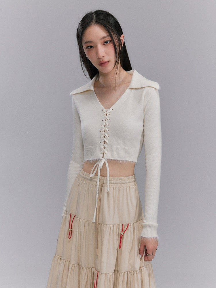 Retro Cropped Knit With Lace-Up V-Neck - chiclara