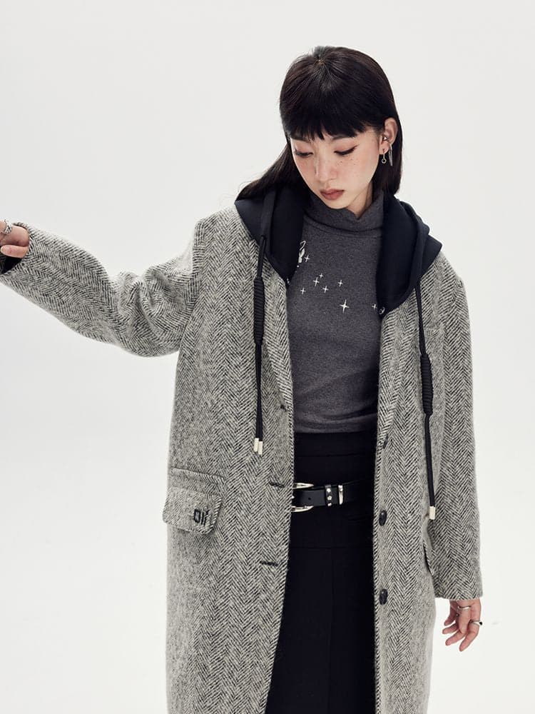 Long Wool Coat With Bi-Color Hoodie - chiclara