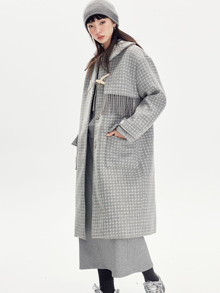 Checked Tassel Long Coat - chiclara