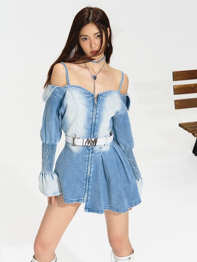 Faded Denim Off-Shoulder Short One-Piece - chiclara