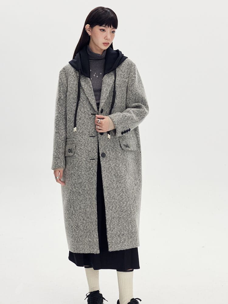 Long Wool Coat With Bi-Color Hoodie - chiclara