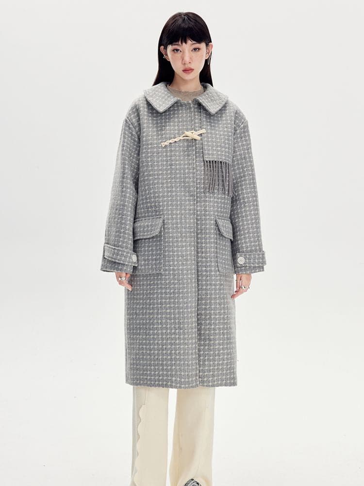 Checked Tassel Long Coat - chiclara