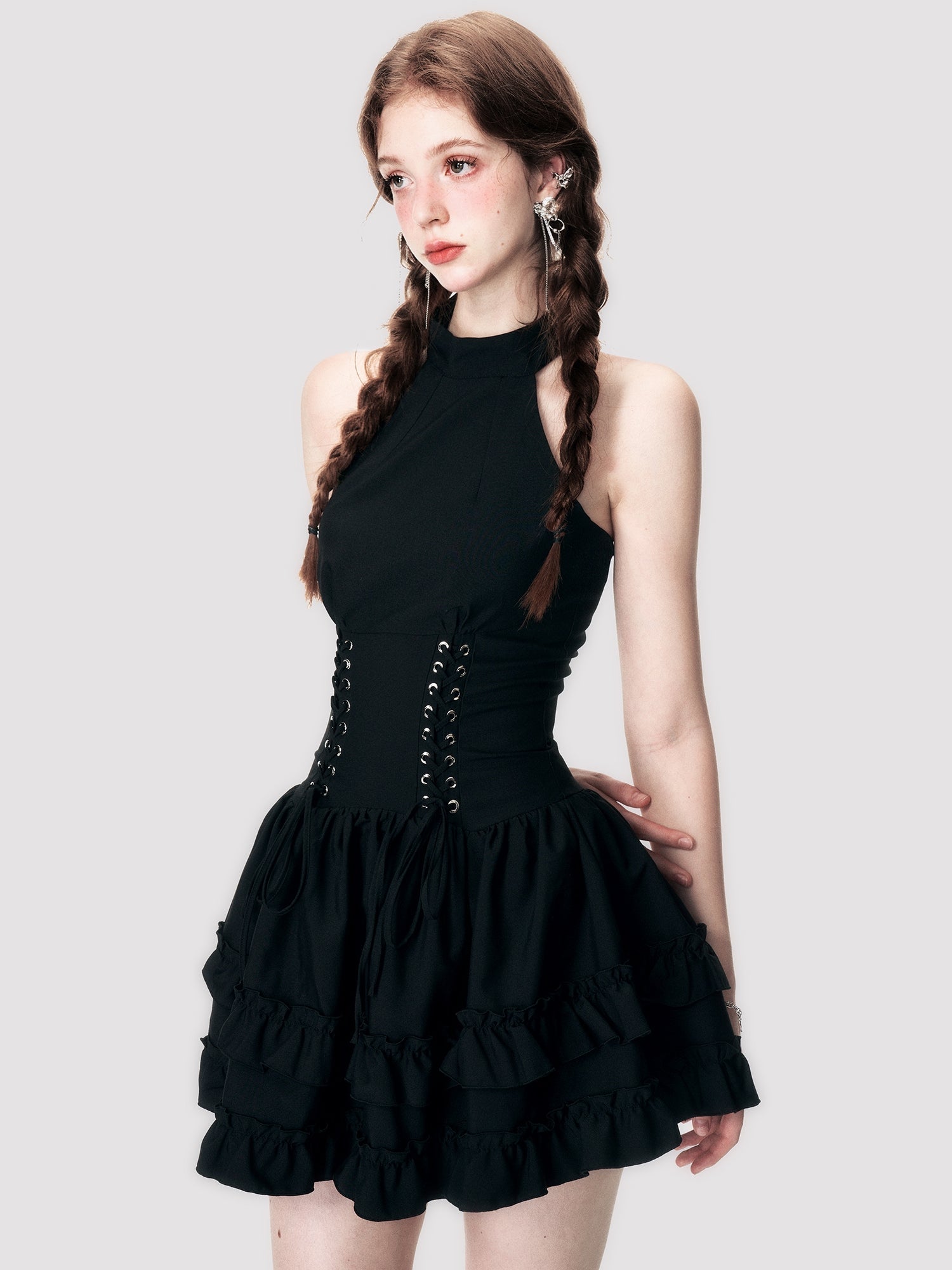 Elegant Lace-Up Frill Tiered Halter One-Piece Dress - chiclara