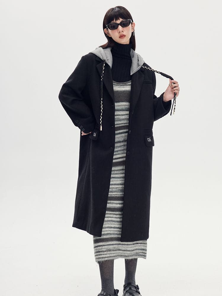 Long Casual Bi-Color Hooded Coat - chiclara