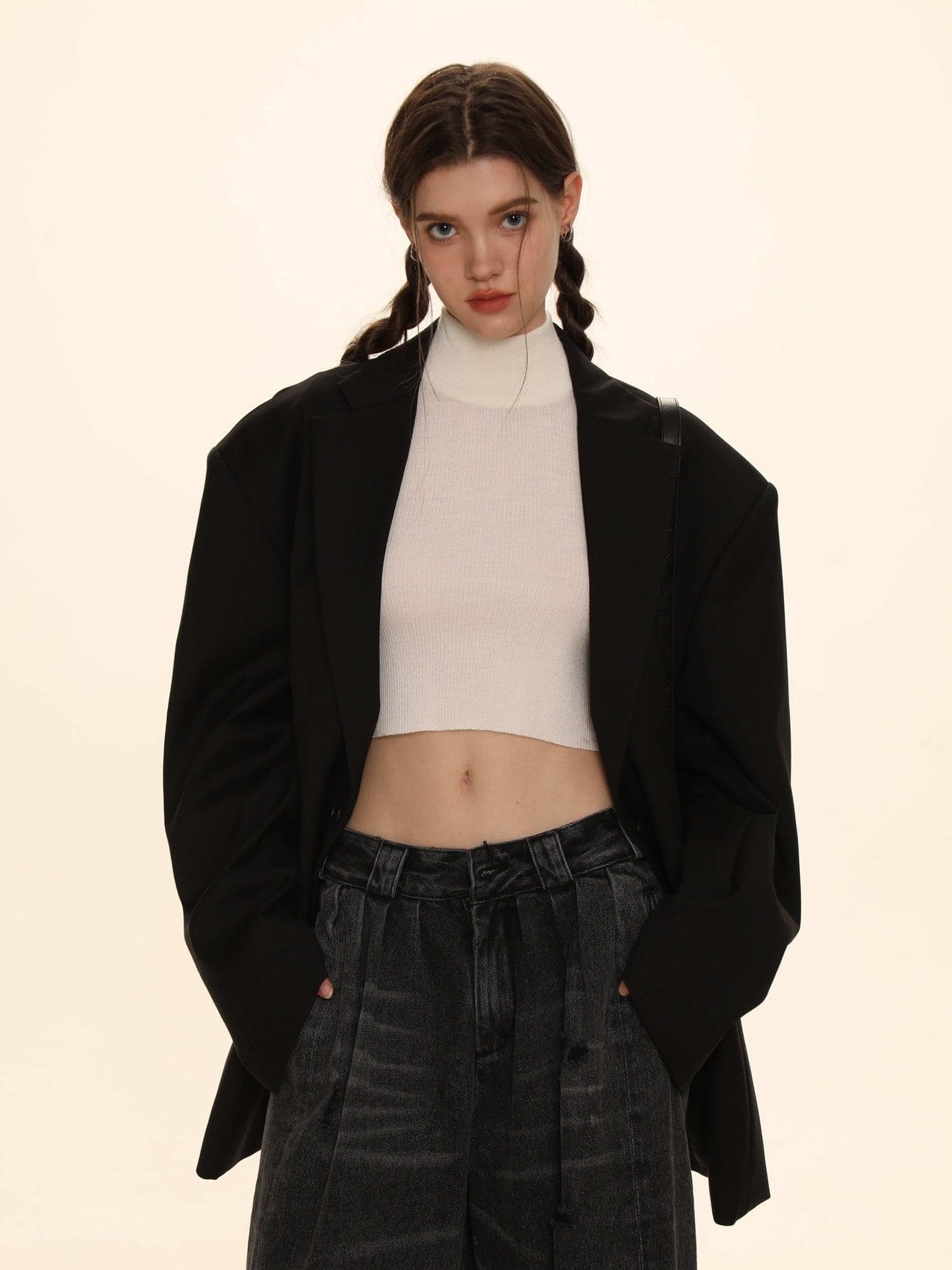 High-Neck Cropped Knit Sweater - chiclara