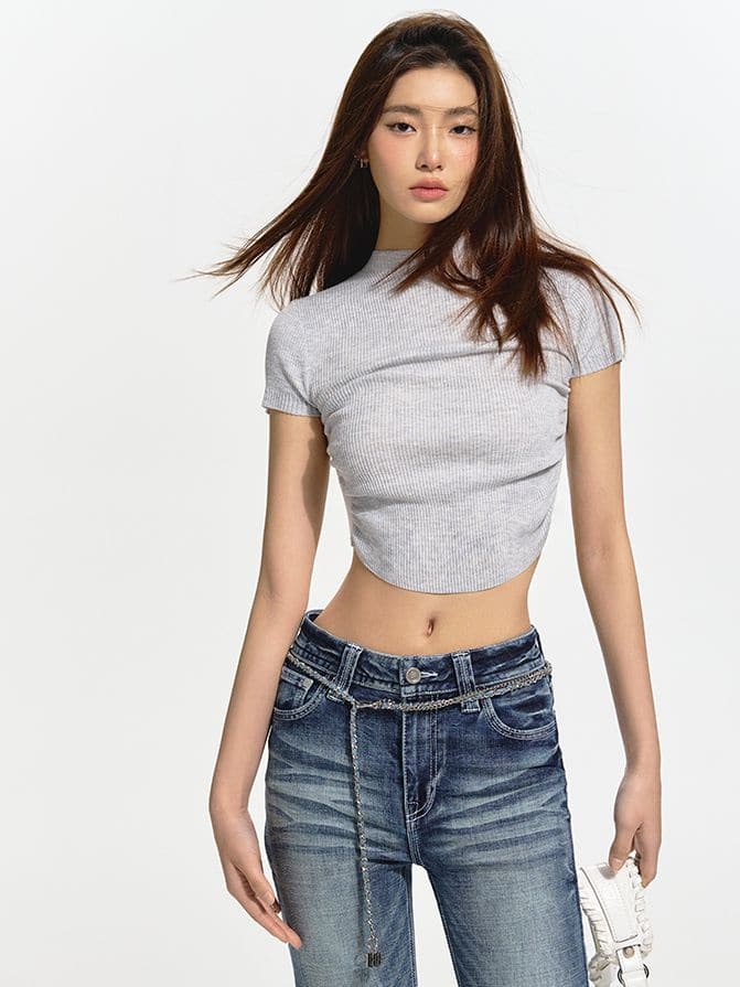 Cropped Bottle-Neck Tight Slim-Fit Casual T-Shirt - chiclara