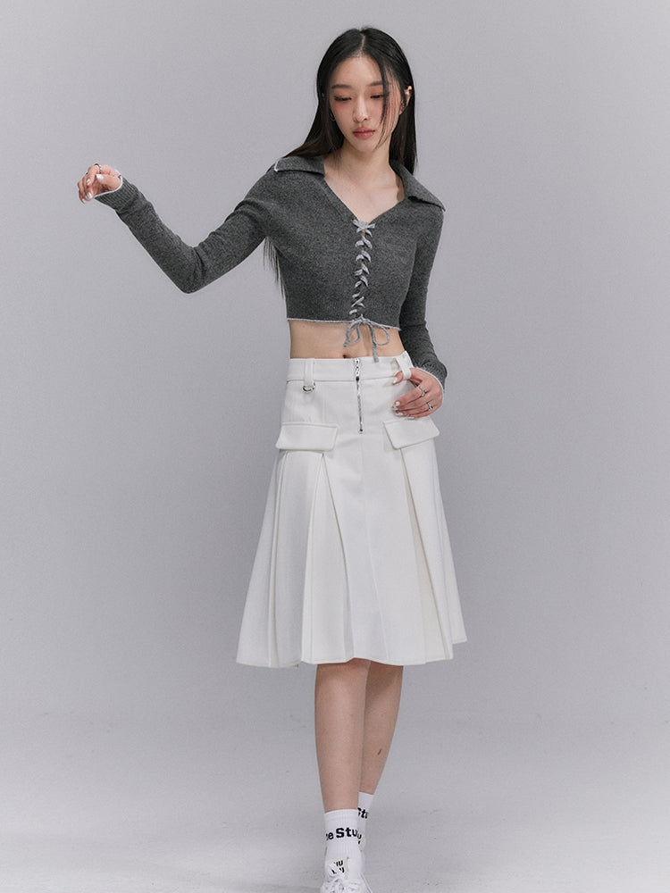 Retro Cropped Knit With Lace-Up V-Neck - chiclara