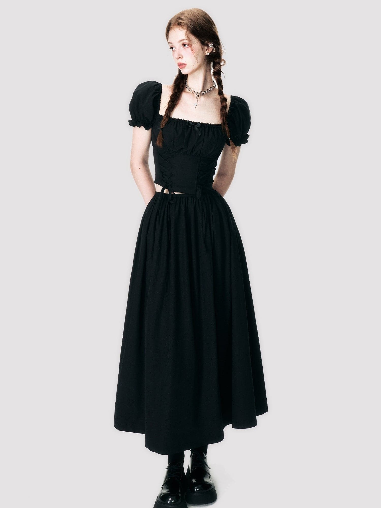 Lace-Up Back-Open Blouse & Long Skirt Set - chiclara